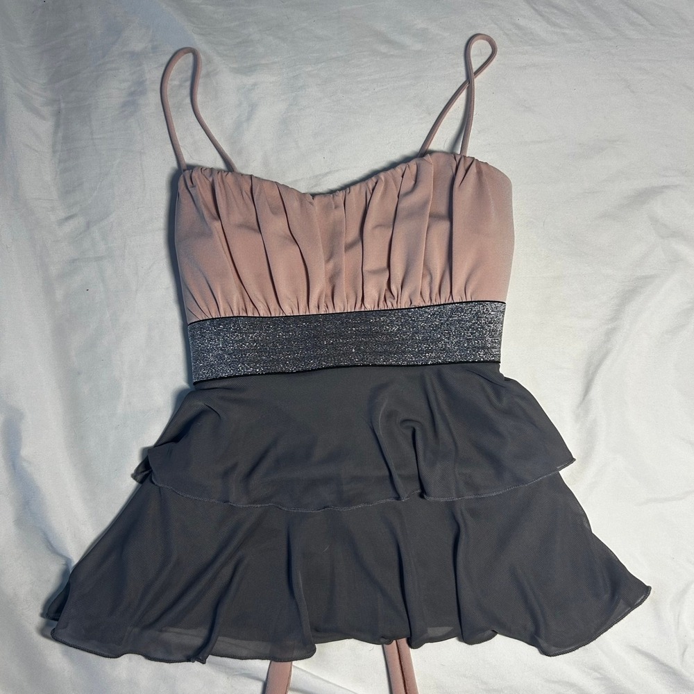 Sweet Storm Y2K Cami Top M Pink Grey Tiered Ruffle Metallic Waist 2000s